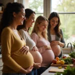 Split-screen image: Left side shows a pregnant person eating a balanced meal; right side shows junk food with a 'high risk' warning icon.